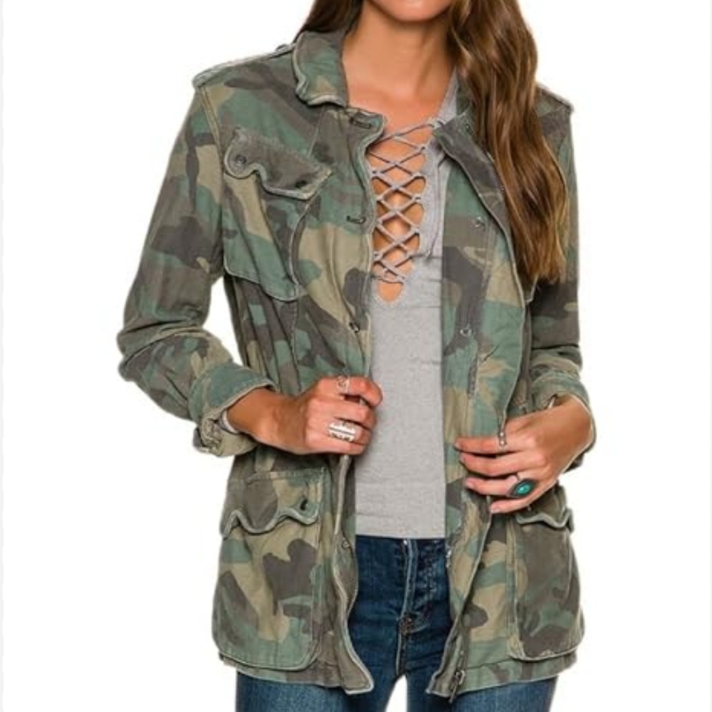 FREE PEOPLE Seize The Day Green Camo Utility Jacket Small